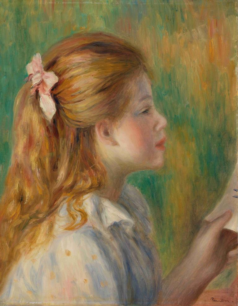 Reading (La Lecture),阅读（La Lecture）,Pierre-Auguste Renoir,皮埃尔-奥古斯特-雷诺阿,油画,油画, 1个女孩, 实际的, 传统媒体, 长发, 独奏, 轮廓, 弓