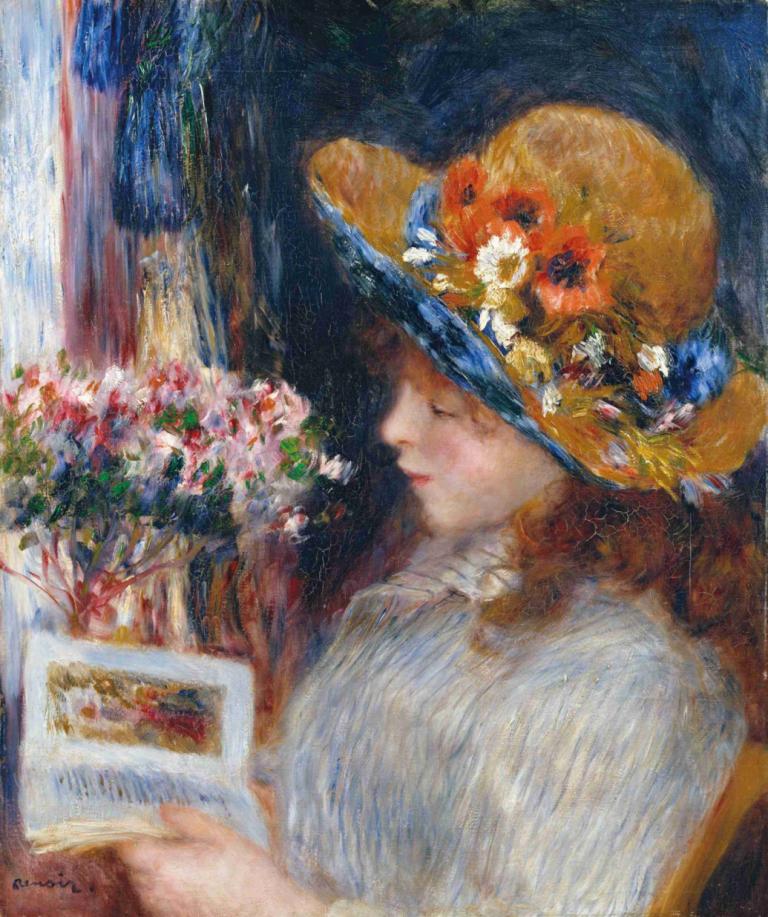 Reading Girl,阅读女孩,Pierre-Auguste Renoir,皮埃尔-奥古斯特-雷诺阿,油画,油画, 1个女孩, 帽子, 独奏, 花, 传统媒体, 帽子花, 棕色的头发, 保持, 上半身