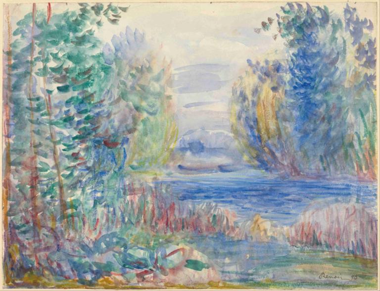 River Landscape,河流景观,Pierre-Auguste Renoir,皮埃尔-奥古斯特-雷诺阿,油画,油画, 没有人类, 传统媒体, 户外, 自然, 绘画（中）, 风景, 树, 水彩（中）, 森林, 水