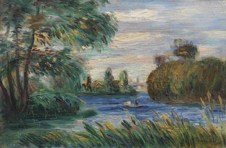 River Landscape,河流景观,Pierre-Auguste Renoir,皮埃尔-奥古斯特-雷诺阿,油画,油画, 风景, 树, 户外, 传统媒体, 云, 没有人类, 自然, 天空, 水, 草, 船