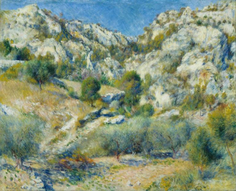 Rocky Crags at L'Estaque,勒埃斯塔克的岩石峭壁,Pierre-Auguste Renoir,皮埃尔-奥古斯特-雷诺阿,油画,油画, 风景, 户外, 没有人类, 树, 自然, 传统媒体, 天