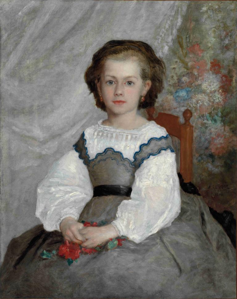 Romaine Lacaux,Pierre-Auguste Renoir,Olejomalba,Olejomalba, 1 dívka, sólo, náušnice, šaty, květ, šperky