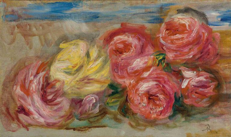 Roses,玫瑰,Pierre-Auguste Renoir,皮埃尔-奥古斯特-雷诺阿,油画,油画, 没有人类, 花, 玫瑰, 红花, 传统媒体, 绘画（中）, 红玫瑰, 粉红色的花, 静物, 粉红玫瑰, 水彩（中）