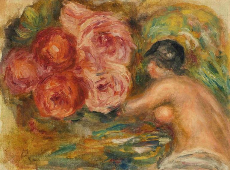 Roses Et Étude De Gabrielle,장미와 가브리엘 스터디,Pierre-Auguste Renoir,피에르 오귀스트 르누아르,오일 페인팅,오일 페인팅, 여자 1명, 꽃, 독주, 흑발