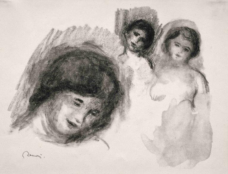 Stone with Three Sketches,세 개의 스케치가 있는 스톤,Pierre-Auguste Renoir,피에르 오귀스트 르누아르,스케치,스케치, 단색화, 그레이스케일, 현실적인