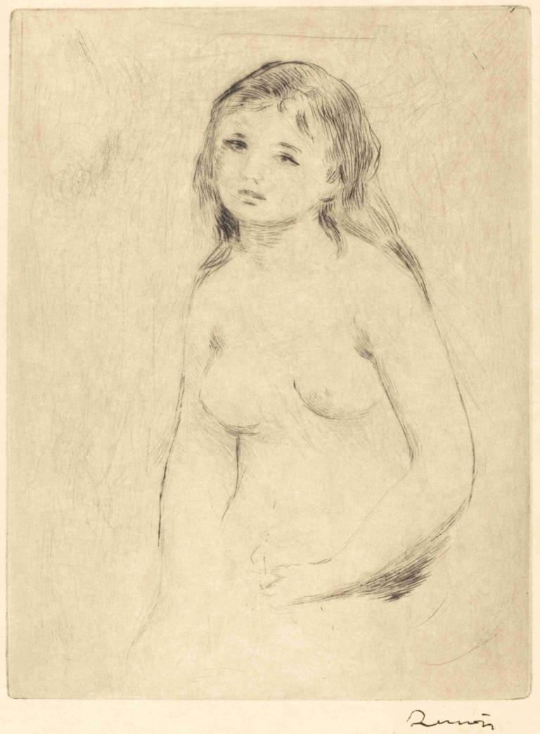 Study for a Bather,목욕을 위한 공부,Pierre-Auguste Renoir,피에르 오귀스트 르누아르,스케치,스케치, 여자 1명, 독주, 가슴, 단색화, 나체상, 긴 머리, 스케치