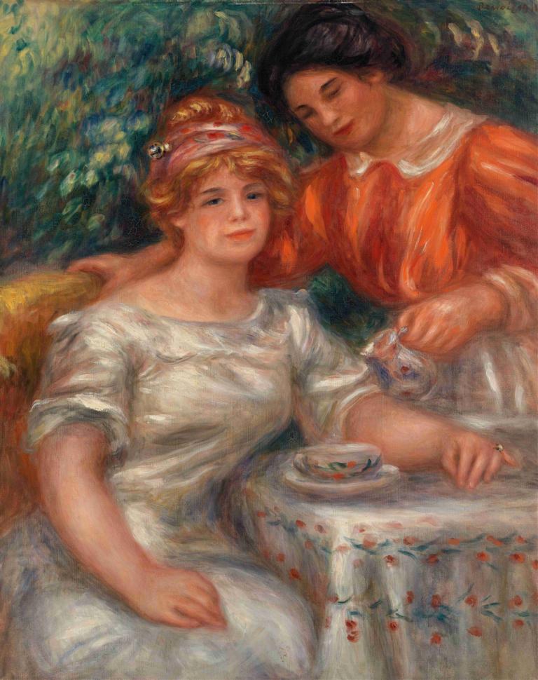 Tea Time,티타임,Pierre-Auguste Renoir,피에르 오귀스트 르누아르,오일 페인팅,오일 페인팅, 여자 2명, 여러 여자, 미술 패러디, 찻잔, 컵, 드레스, 블론드 헤어, 흑발