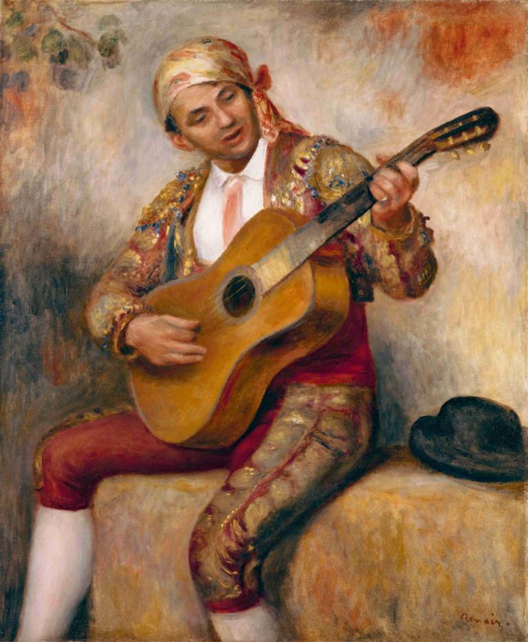 The Spanish Guitarist,De Spaanse Gitarist,Pierre-Auguste Renoir,Olieverf,Olieverf, 1 jongen, instrument