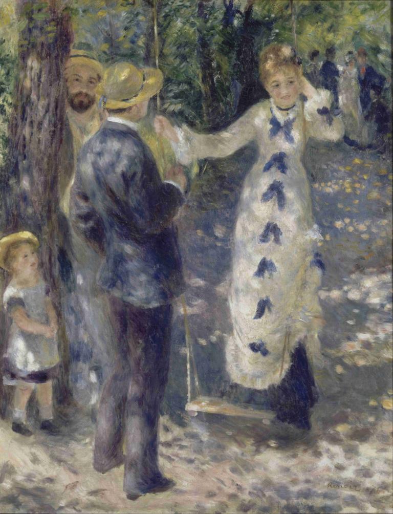 The Swing,De schommel,Pierre-Auguste Renoir,Olieverf,Olieverf, hoed, meerdere jongens, kind, jurk, boom, oud