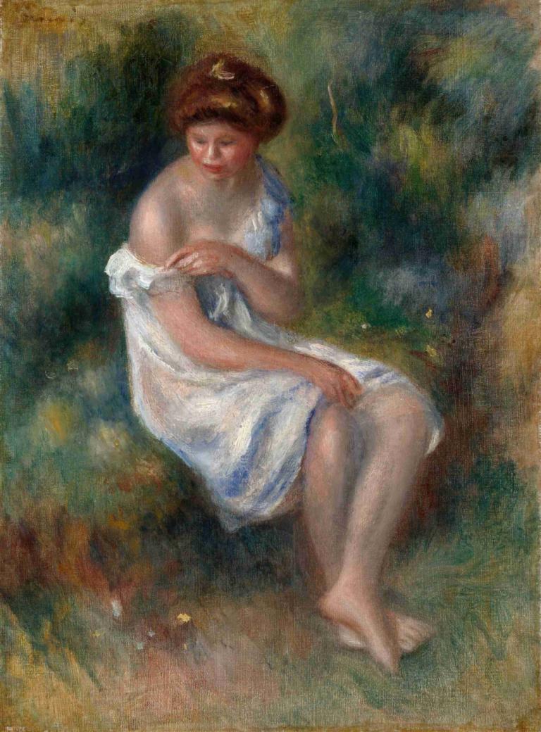 The Bather,De bader,Pierre-Auguste Renoir,Olieverf,Olieverf, 1meisje, solo, jurk, op blote voeten, bruin haar