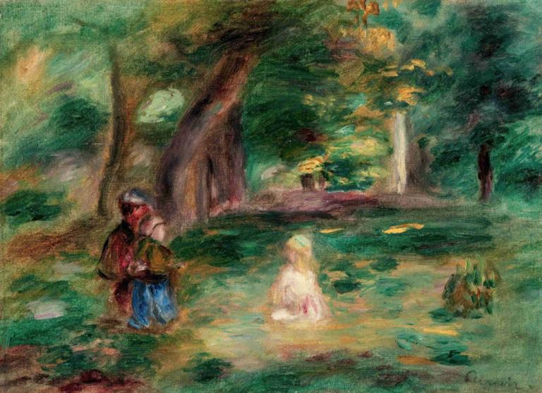 Trois personnages dans un paysage,Drie personages in een landschap,Pierre-Auguste Renoir,Olieverf,Olieverf