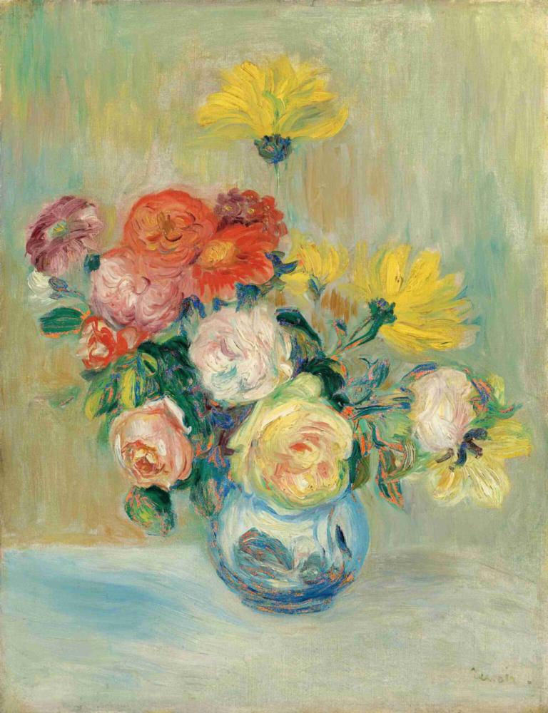 Vase De Roses Et Dahlias,Vas De Roses Et Dahlias,Pierre-Auguste Renoir,Lukisan cat minyak,Lukisan cat minyak