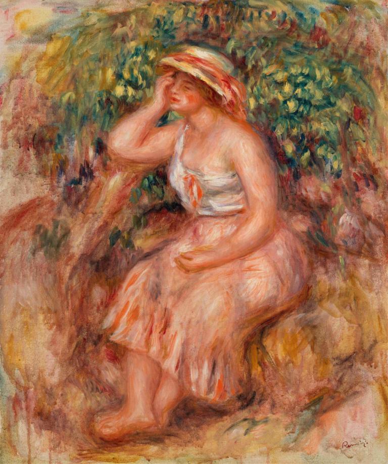 Woman Daydreaming (Rêveuse),Wanita melamun,Pierre-Auguste Renoir,Lukisan cat minyak,Lukisan cat minyak