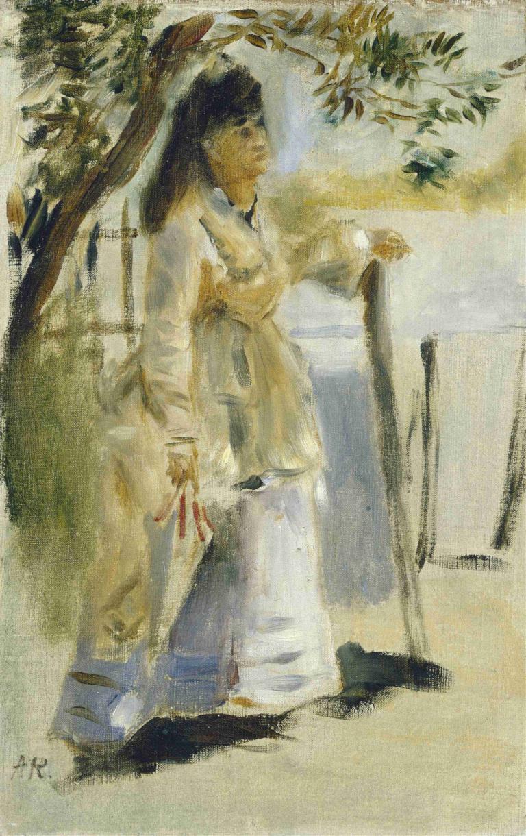 Woman by a Fence,Wanita dengan Pagar,Pierre-Auguste Renoir,Lukisan cat minyak,Lukisan cat minyak, 1 gadis