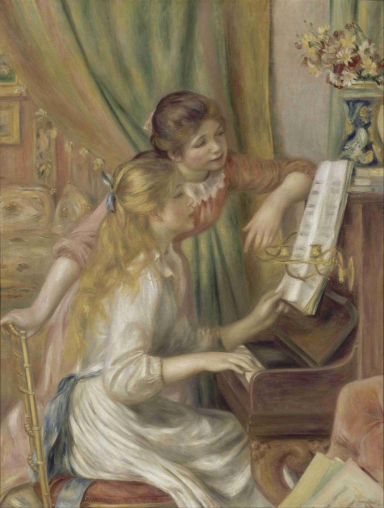 Young Girls at the Piano,Gadis-gadis muda di depan piano,Pierre-Auguste Renoir,Lukisan cat minyak