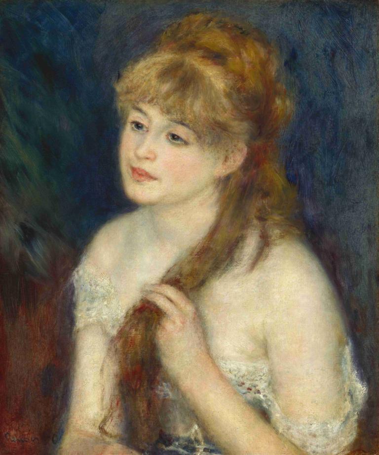 Young Woman Braiding Her Hair,Wanita Muda Mengepang Rambutnya,Pierre-Auguste Renoir,Lukisan cat minyak