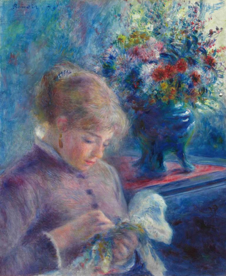 Young Woman Sewing,Wanita Muda Menjahit,Pierre-Auguste Renoir,Lukisan cat minyak,Lukisan cat minyak, 1 gadis