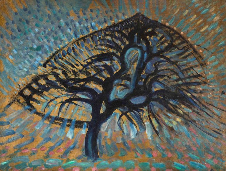 Apple Tree, Pointillist Version,Piet Mondrian,Oil Painting,Oil Painting, no humans, traditional media