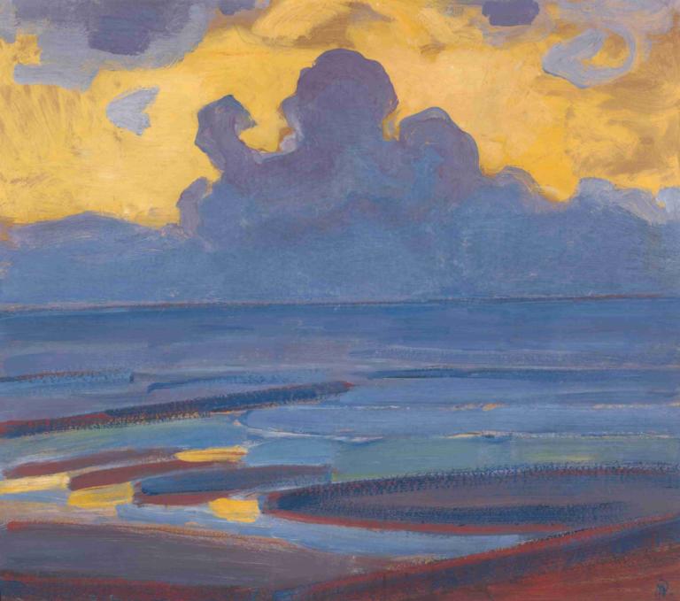 By the Sea,Piet Mondrian,Oil Painting,Oil Painting, cloud, outdoors, no humans, sky, scenery, cloudy sky