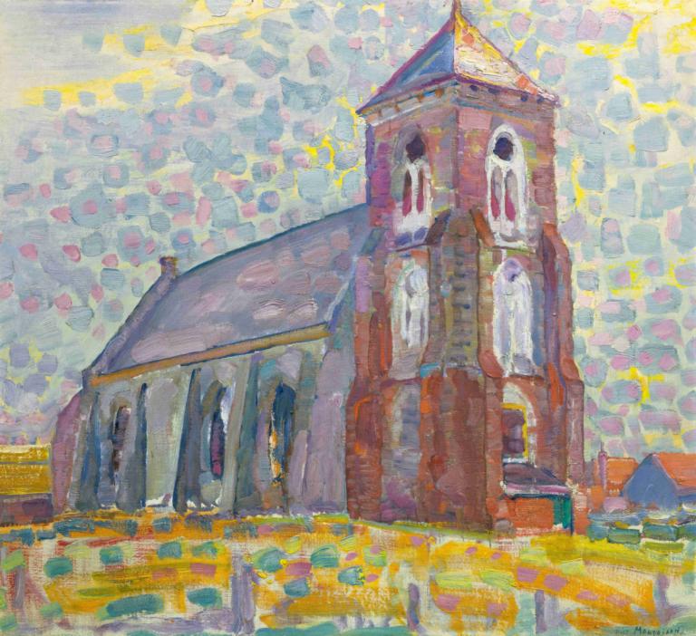 Church In Zoutelande,Piet Mondrian,Oil Painting,Oil Painting, painting (medium), building, outdoors