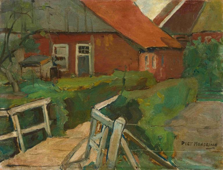 Farm Building With Bridge,Piet Mondrian,Oil Painting,Oil Painting, no humans, outdoors, scenery, tree