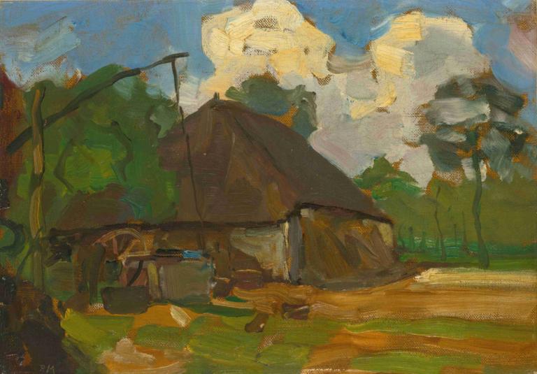 Farm Building With Well In Daylight,Piet Mondrian,Oil Painting,Oil Painting, outdoors, tree, sky, no humans