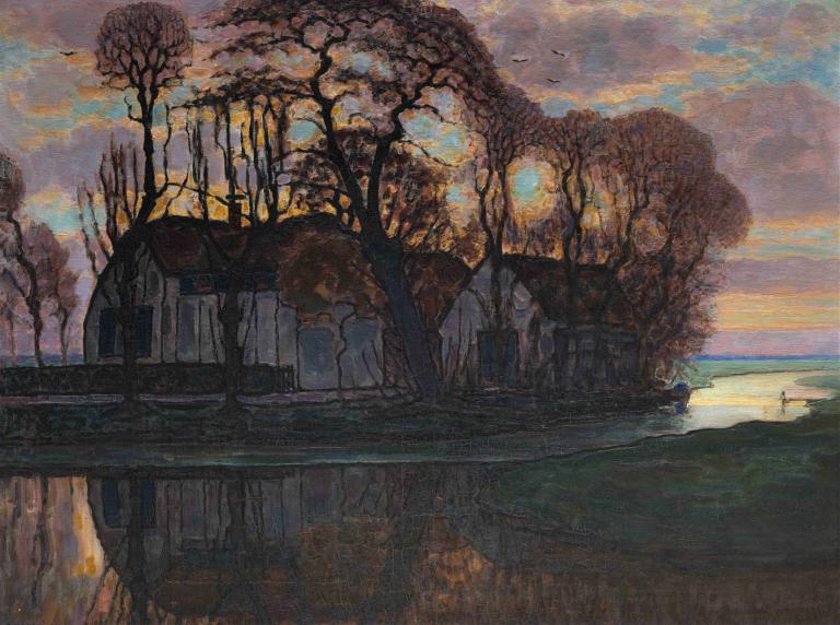 Farm Near Duivendrecht, in the Evening,Duivenrecht附近的農場，傍晚,Piet Mondrian,皮埃特·蒙德里安,油畫,油畫, 樹, 風景, 戶外, 沒有人類