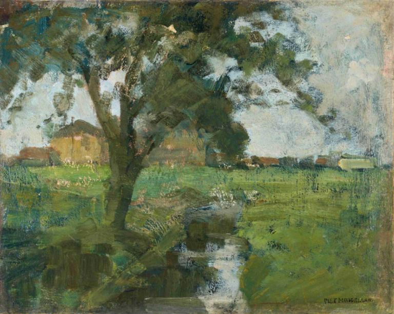 Farm Setting With Foreground Tree And Irrigation Ditch,有前景樹和灌溉溝渠的農場環境,Piet Mondrian,皮埃特·蒙德里安,油畫,油畫, 樹, 草, 戶外