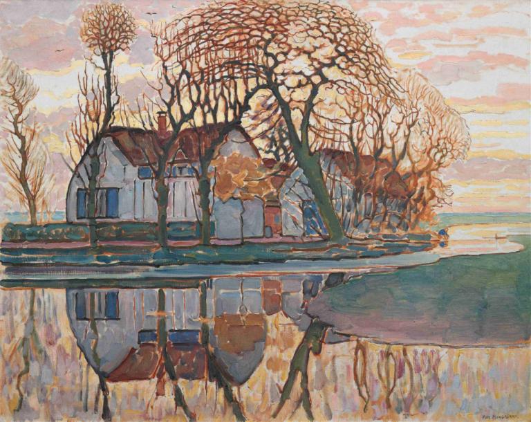 Farm near Duivendrecht,Piet Mondrian,Oil Painting,Oil Painting, tree, outdoors, scenery, traditional media