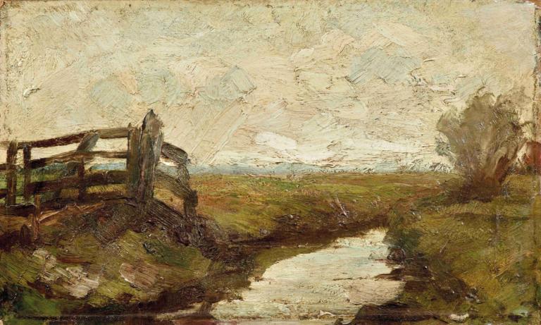 Irrigation ditch with wood gate at left,左邊有木門的灌水溝,Piet Mondrian,皮埃特·蒙德里安,油畫,油畫, 戶外, 坐著, 1男孩, 獨奏, 風景, 草, 男性焦點