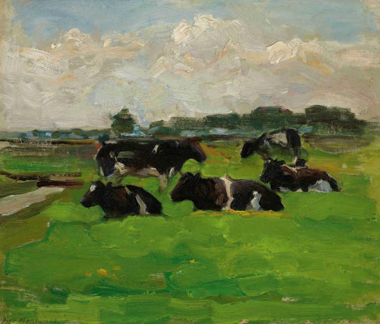 Landscape With Group Of Five Cows,Piet Mondrian,Oil Painting,Oil Painting, outdoors, no humans, scenery