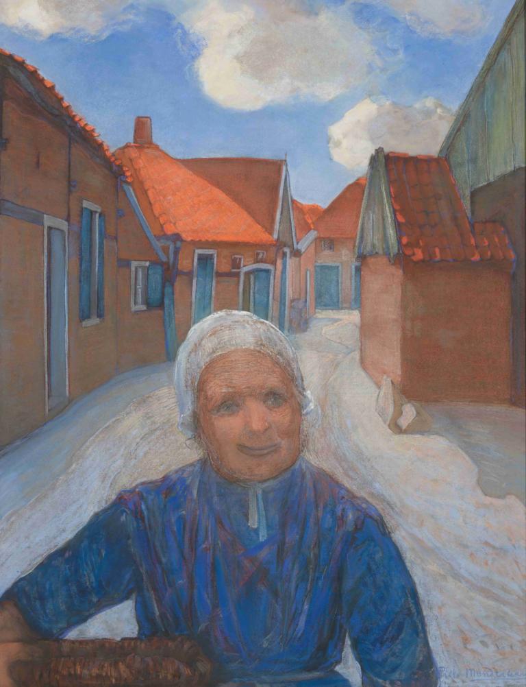 Op de Lappenbrink te Winterswijk,Piet Mondrian,Oil Painting,Oil Painting, old, sky, solo, 1boy, old woman