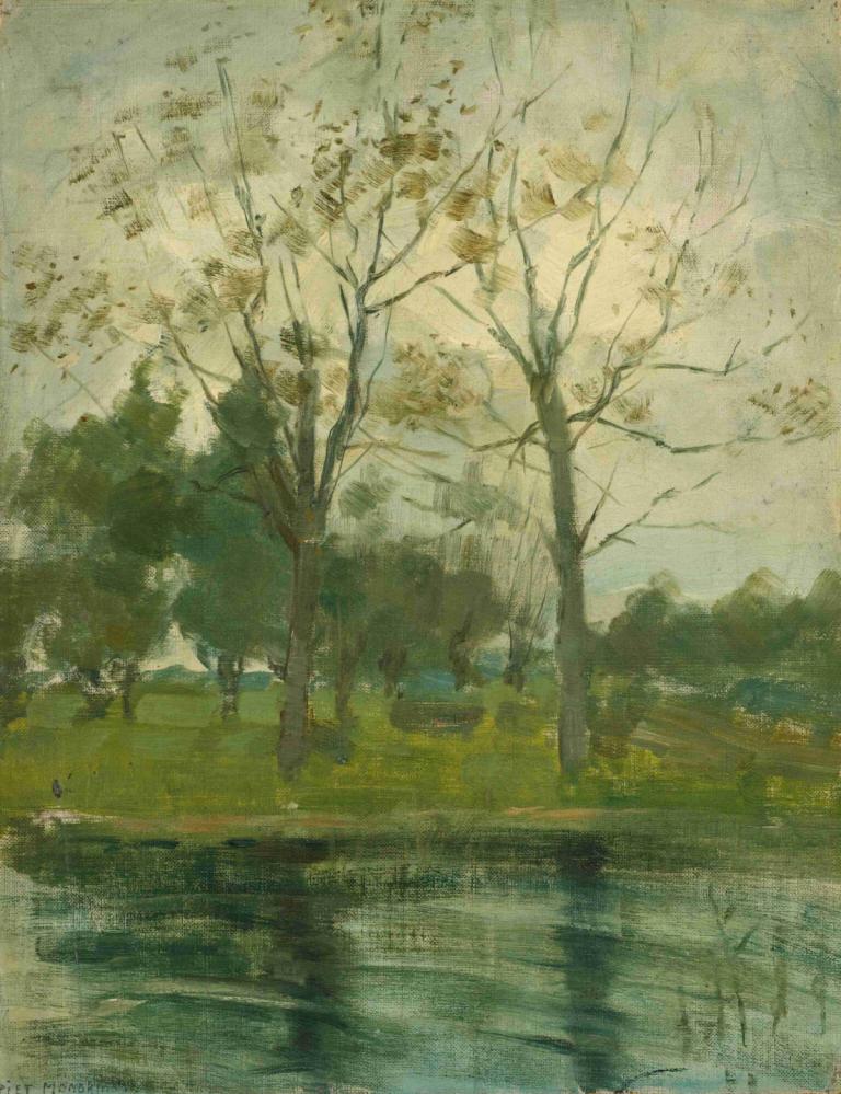 Two Trees Silhouetted Behind A Water Course,Piet Mondrian,Oil Painting,Oil Painting, tree, outdoors, scenery