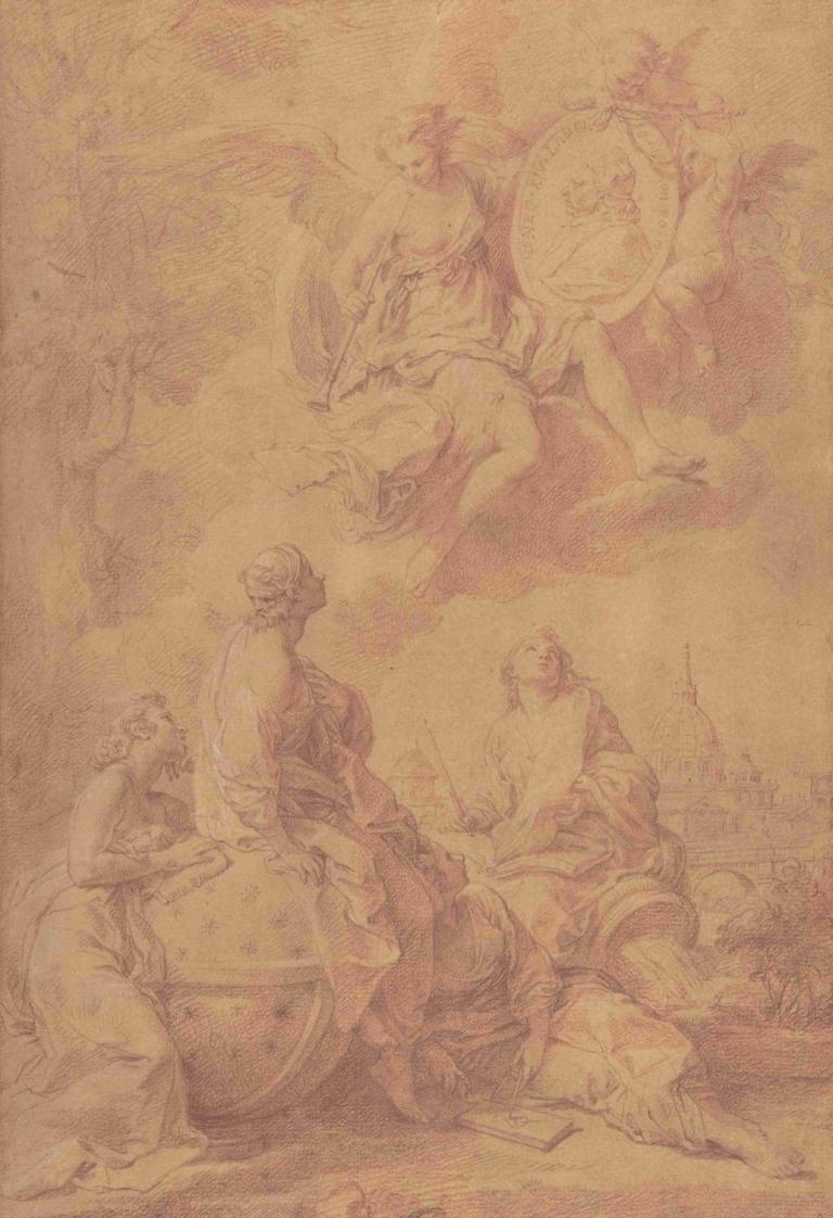 Allegory in Honor of Pope Benedict XIV,Pompeo Batoni,Sketch,Sketch, sepia, multiple boys, sitting, monochrome