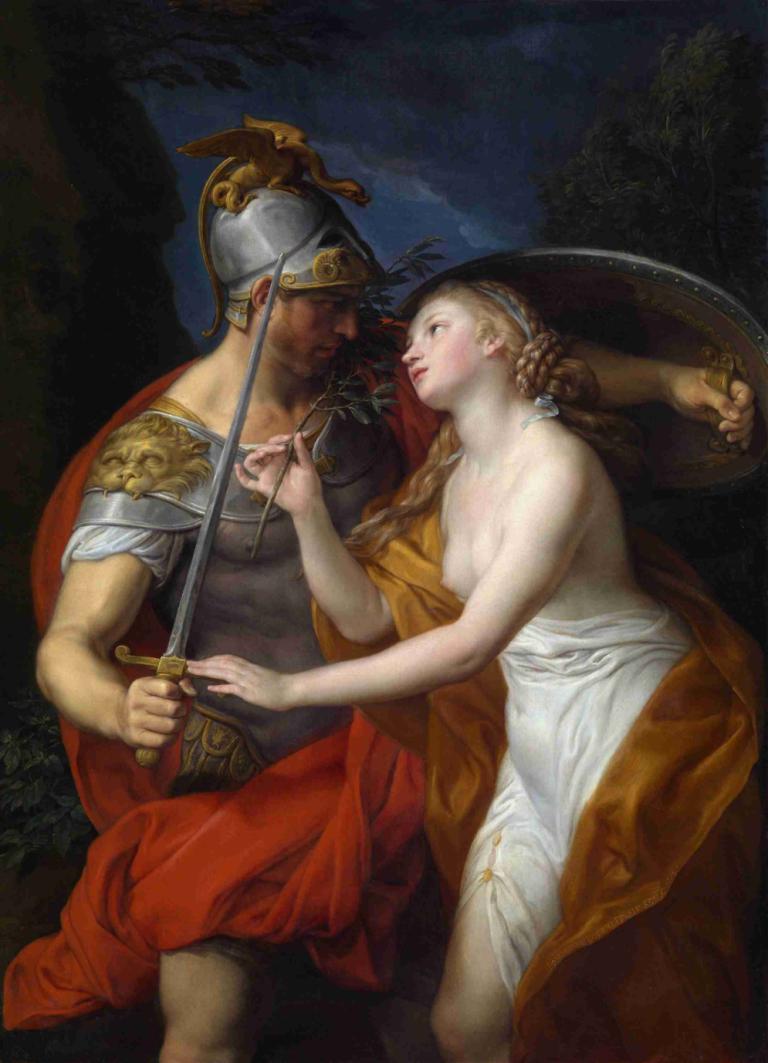 Allegory of Peace and War,Pompeo Batoni,Oil Painting,Oil Painting, fine art parody, 1girl, 1boy, weapon