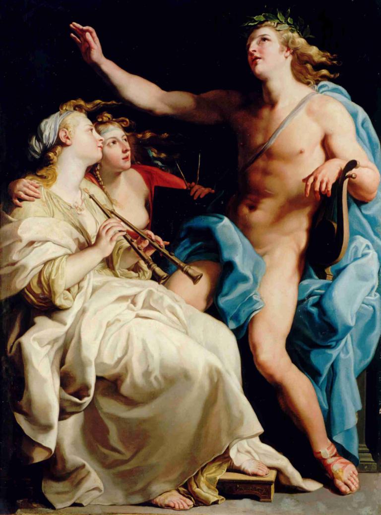 Apollo And Two Muses,Pompeo Batoni,Oil Painting,Oil Painting, fine art parody, parody, robe, nude, holding