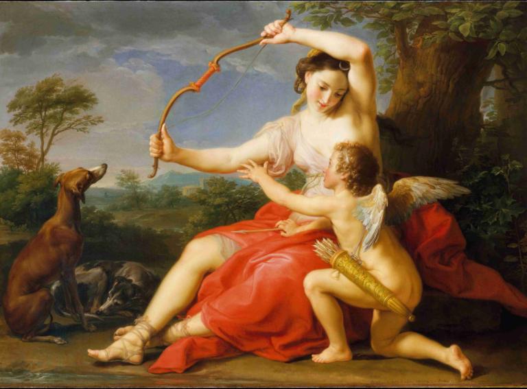 Diana and Cupid,Pompeo Batoni,Oil Painting,Oil Painting, fine art parody, weapon, wings, bow (weapon)