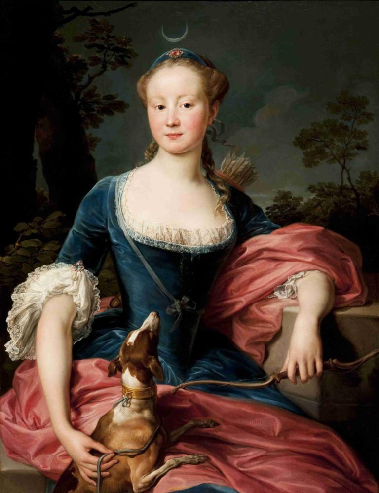 Portrait of a Lady as Diana the Huntress,《獵女戴安娜的淑女肖像》,Pompeo Batoni,蓬佩奧·巴託尼,油畫,油畫, 1個女孩, 美術模仿, 箭（彈）, 獨奏, 裙子