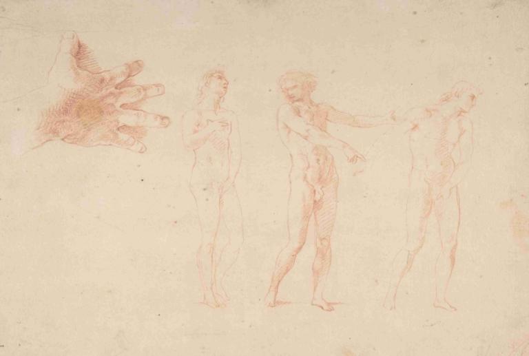 Three Nude Male Figures; Study of the Right Hand of the Figure on the Left