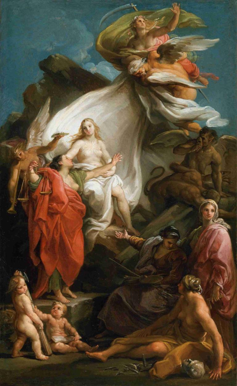 Time Unveiling Truth,Die Zeit enthüllt die Wahrheit,Pompeo Batoni,Ölgemälde,Ölgemälde, Kunstparodie, Parodie