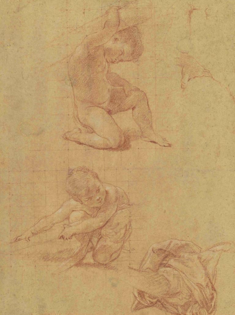 Two Nude Children Lifting a Cudgel,Zwei nackte Kinder, die einen Knüppel heben,Pompeo Batoni,Skizze,Skizze