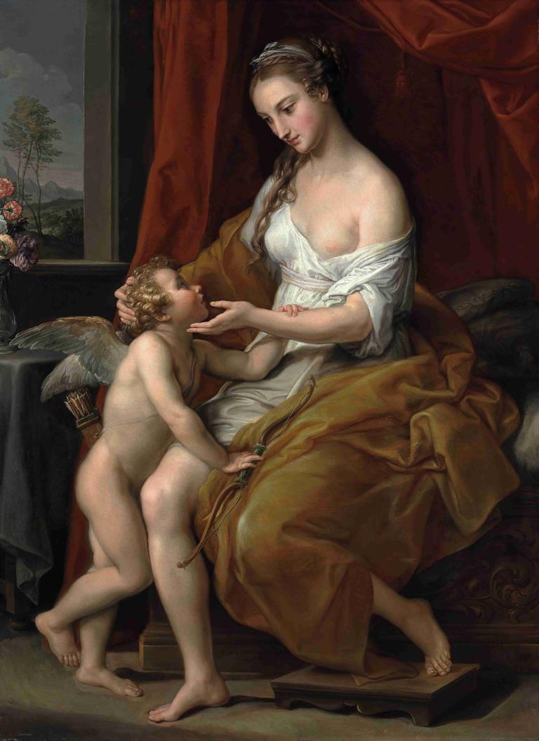 Venus Caressing Cupid,Venus streichelt Amor,Pompeo Batoni,Ölgemälde,Ölgemälde, Kunstparodie, Flügel, nackt