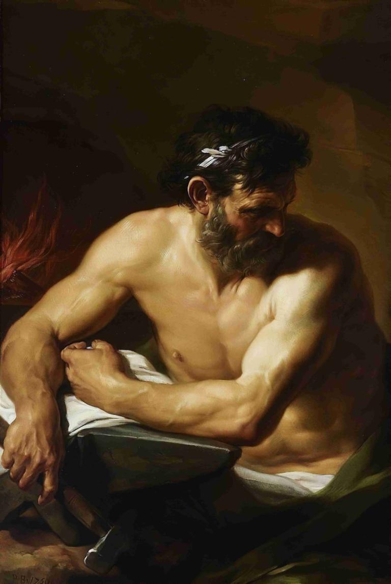 Vulcan,Vulkan,Pompeo Batoni,Ölgemälde,Ölgemälde, 1Junge, männlicher Fokus, Bart, Solo, Gesichtsbehaarung