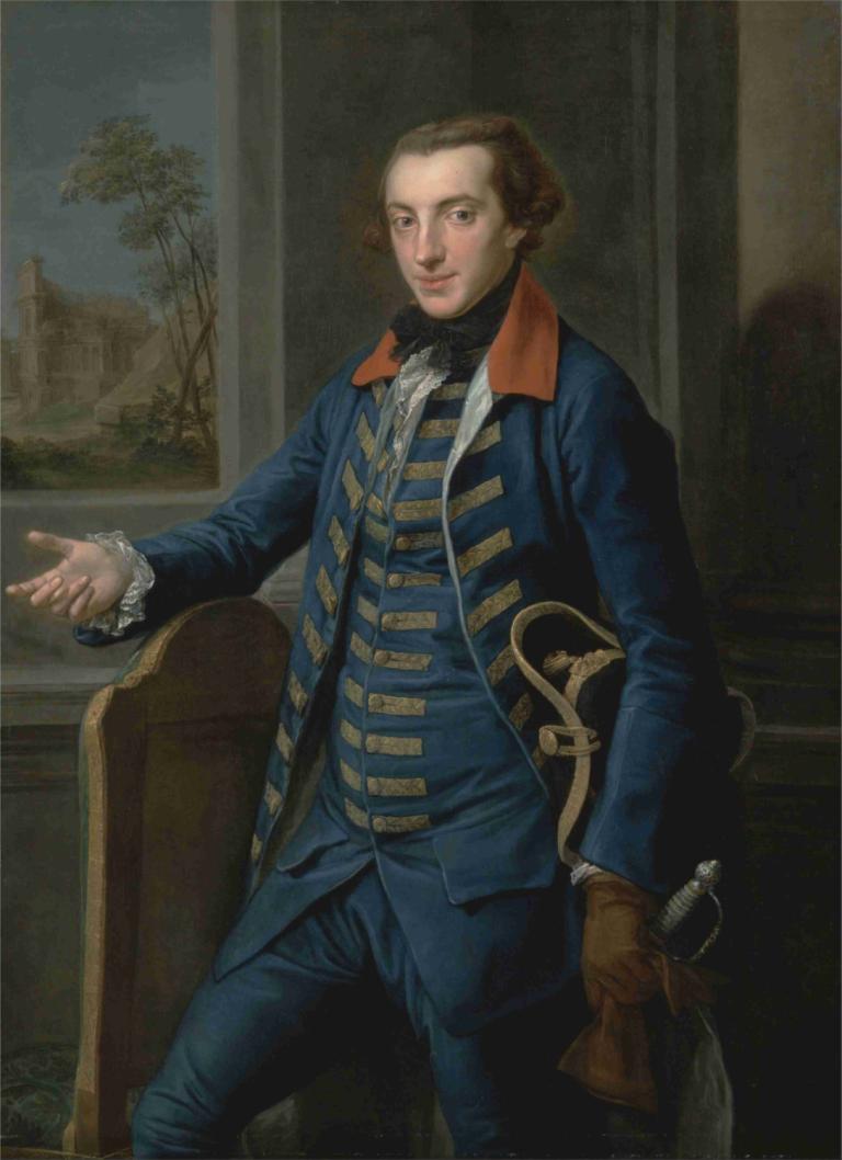 William Weddell,威廉-韦德尔,Pompeo Batoni,蓬佩奥-巴托尼,油画,油画, 独奏, 美术模仿, 手套, 1男孩, 裤子, 男性焦点, 棕色的头发, 蓝色裤子, 衬衫, 背心, 看着观众