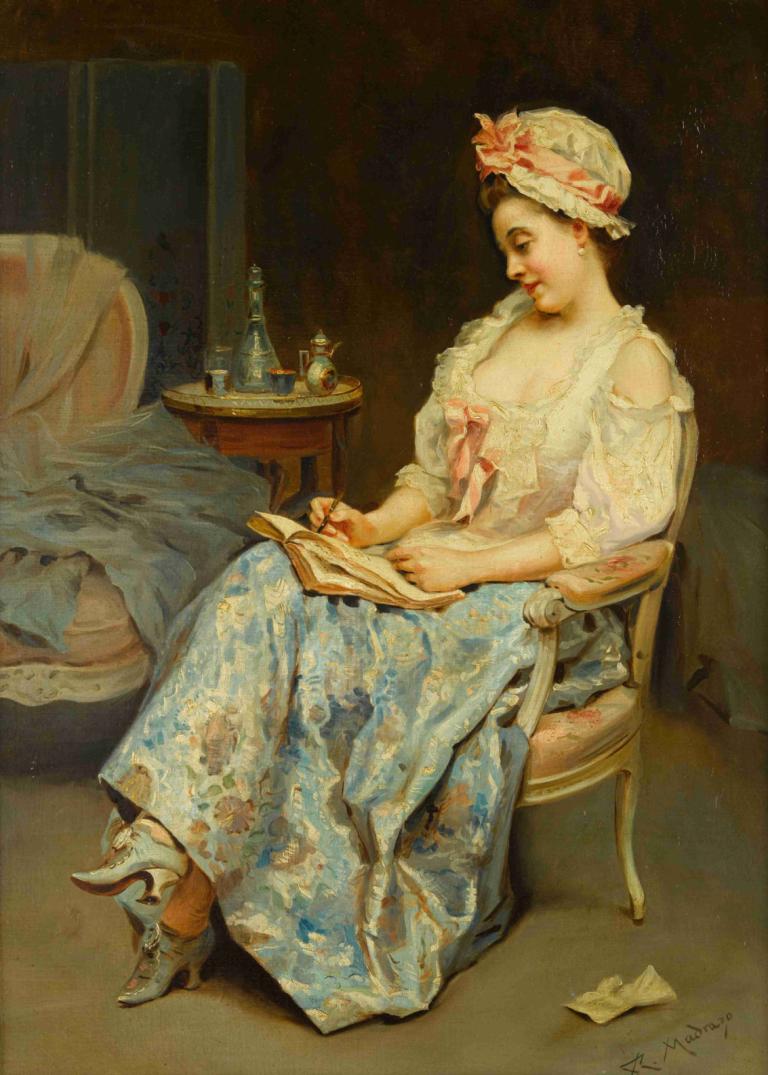 A moment of reflection,성찰의 순간,Raimundo de Madrazo y Garreta,라이문도 데 마드라조 이 가레타,오일 페인팅,오일 페인팅, 여자 1명, 독주, 좌석