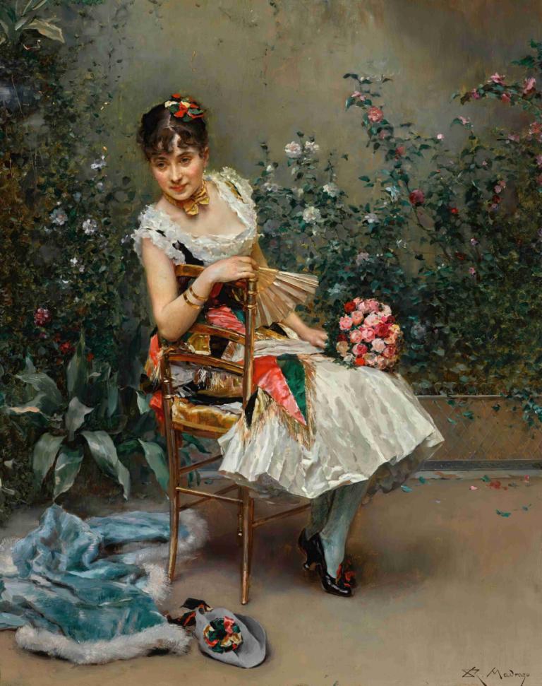 Aline with flowers,花とアリーヌ,Raimundo de Madrazo y Garreta,ライムンド・デ・マドラソ・イ・ガレータ,油絵,油絵, 1女の子, ソロ, 花, 美術パロディ, 座っている