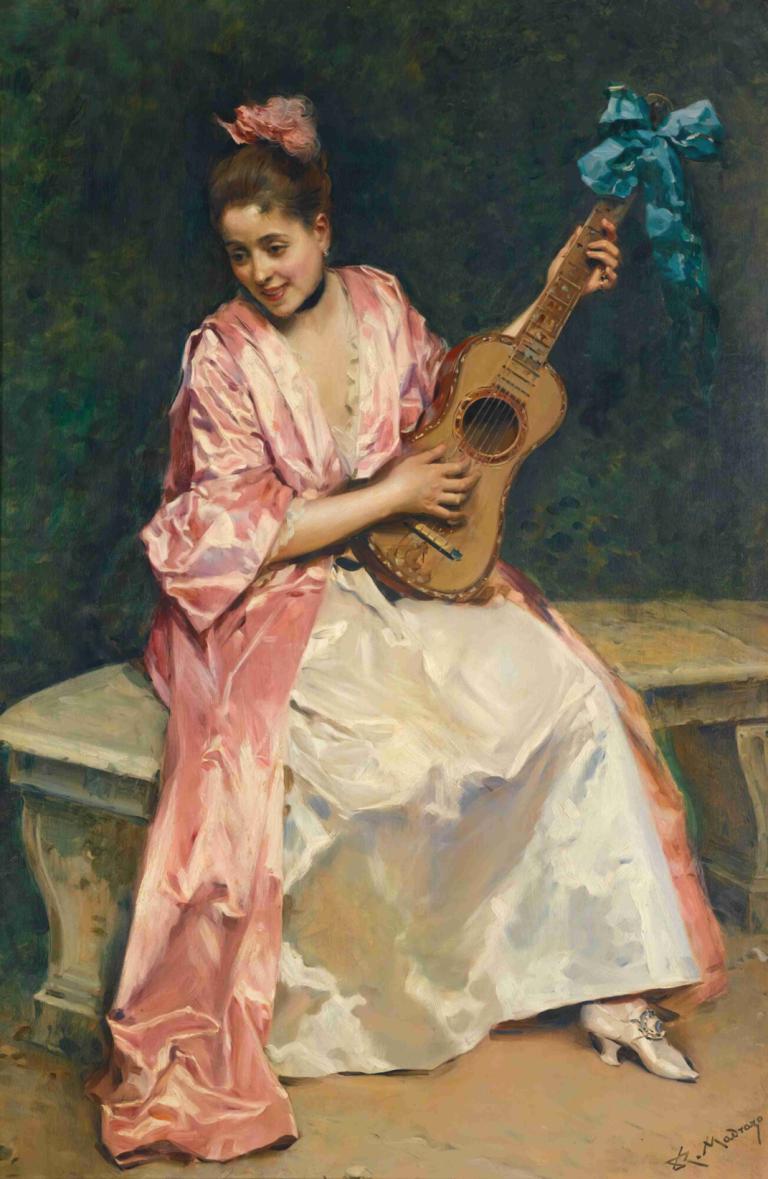 Aline with guitar,Aline con la chitarra,Raimundo de Madrazo y Garreta,Pittura ad olio,Pittura ad olio