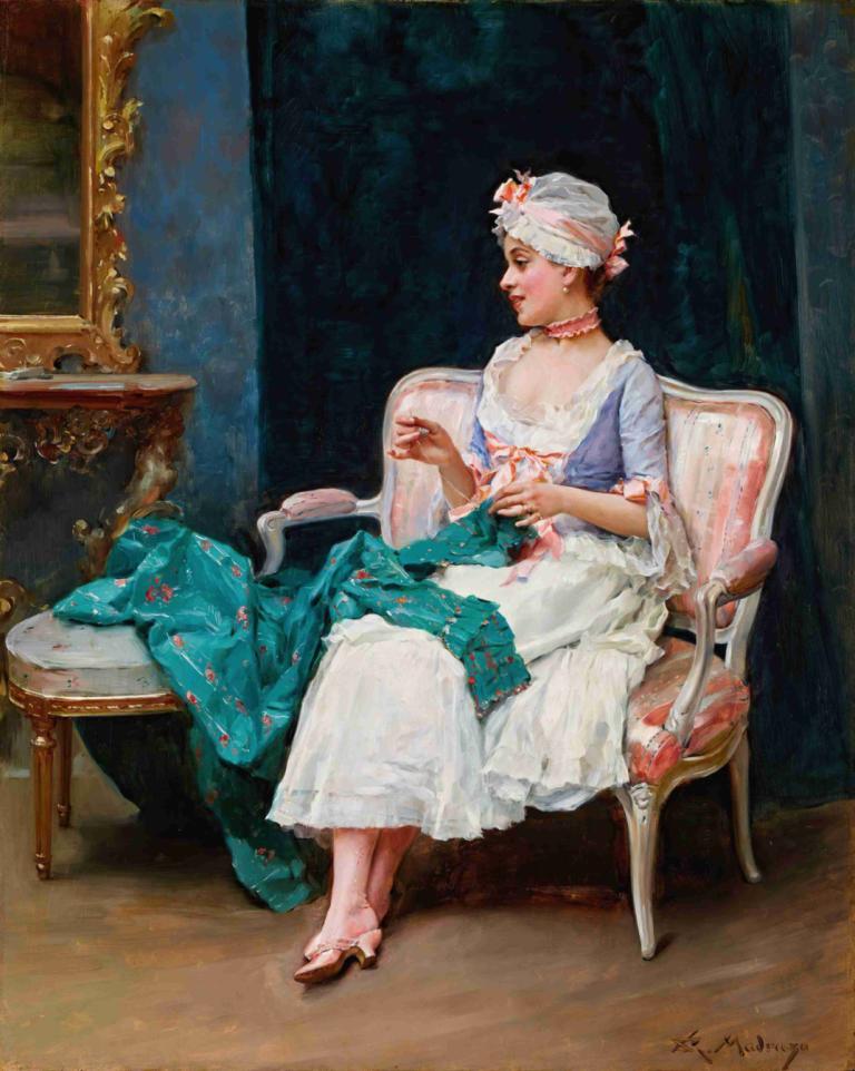 Aline,Raimundo de Madrazo y Garreta,Oil Painting,Oil Painting, 1girl, fine art parody, sitting, solo, chair