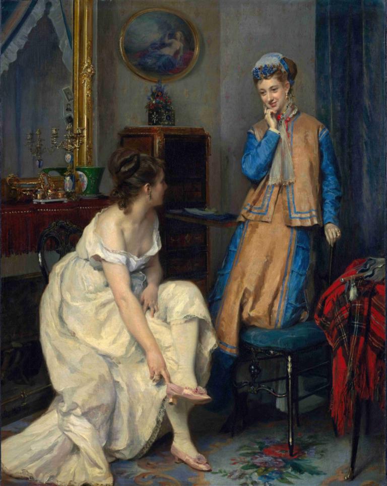 Confidences,Zwierzenia,Raimundo de Madrazo y Garreta,Obraz olejny,Obraz olejny, parodia sztuki, sukienka