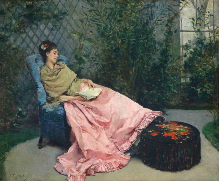 Siesta,Raimundo de Madrazo y Garreta,Ölgemälde,Ölgemälde, 1Mädchen, Blume, Haarverzierung, Haarblume, Sitzung